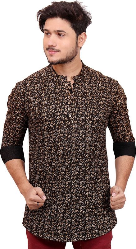 Men Printed Pure Cotton Straight Kurta  (Gold, Black)