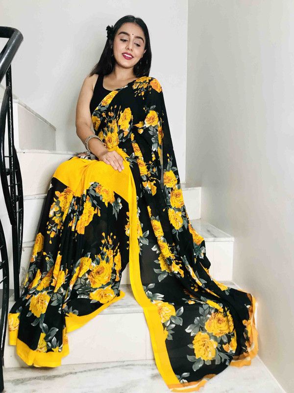 Floral Print, Printed Daily Wear Georgette Saree  (Yellow, Black)