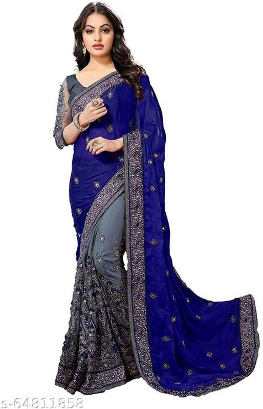Embroidered Bollywood Art Silk Saree  (Blue, Grey)