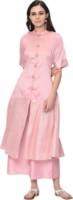 Women Printed Silk Blend Frontslit Kurta  (Pink)