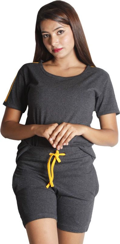 Women Solid Black Top & Shorts Set