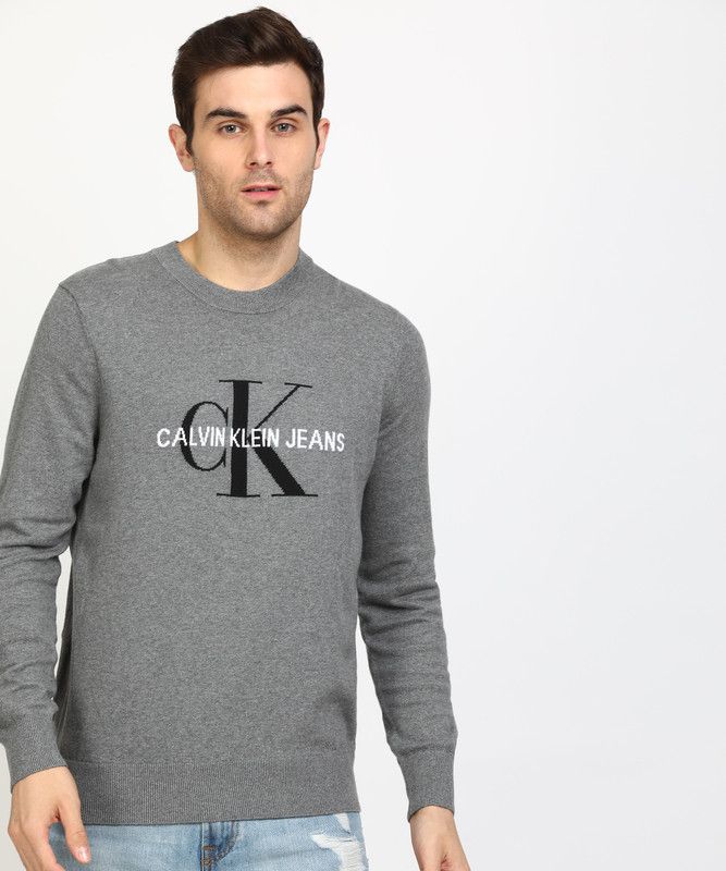 Men Self Design Round Neck Black, Grey Sweater