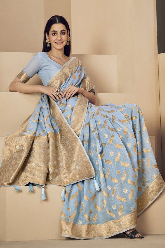 Woven Bollywood Cotton Linen Saree  (Blue)