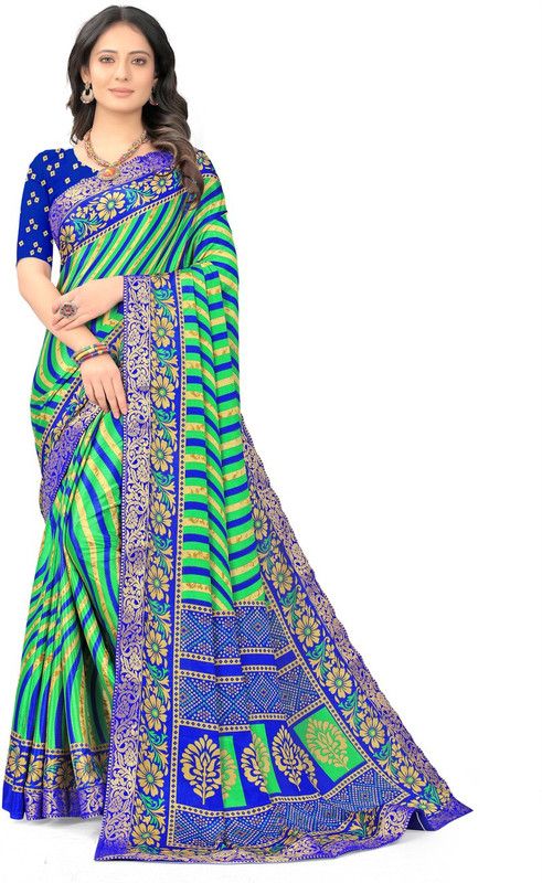 Embellished, Floral Print, Striped, Printed Leheria Silk Blend Saree  (Green, Blue)
