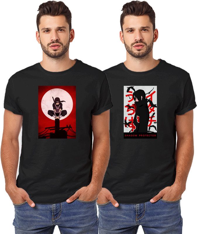 Pack of 2 Naruto tshirt pack of 2 combo Men Graphic Print Round Neck Pure Cotton Black T-Shirt