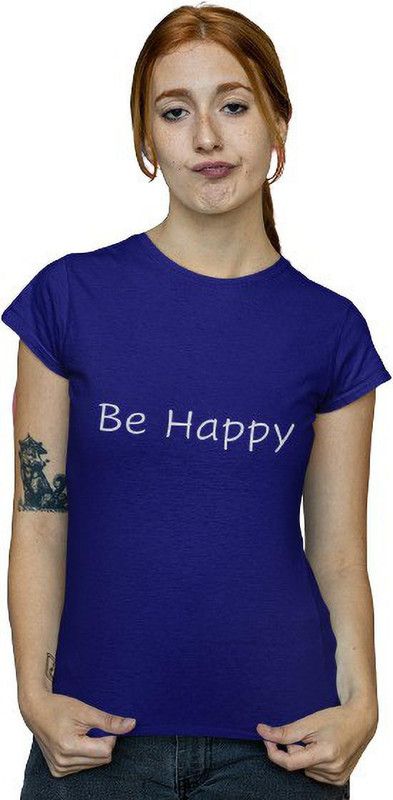 'Be Happy' T-shirt Women Typography Round Neck Pure Cotton Navy Blue T-Shirt