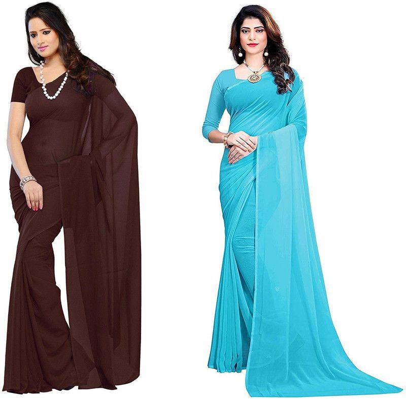Solid/Plain Daily Wear Georgette Saree  (Pack of 2, Light Blue, Brown)