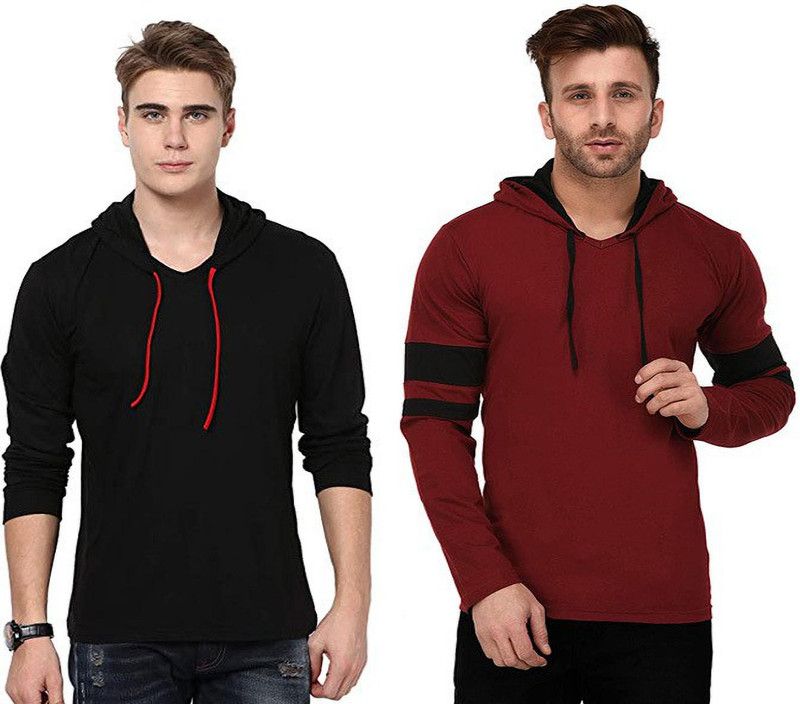Men Solid Hooded Neck Pure Cotton Light Blue T-Shirt