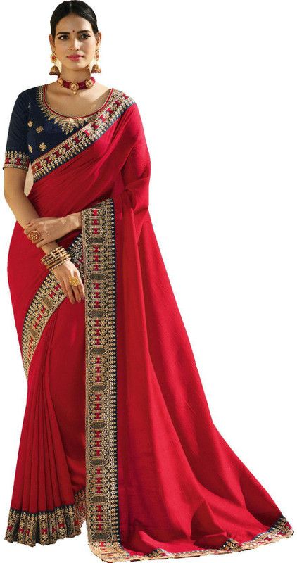 Embroidered Bollywood Satin Saree  (Red, Blue)