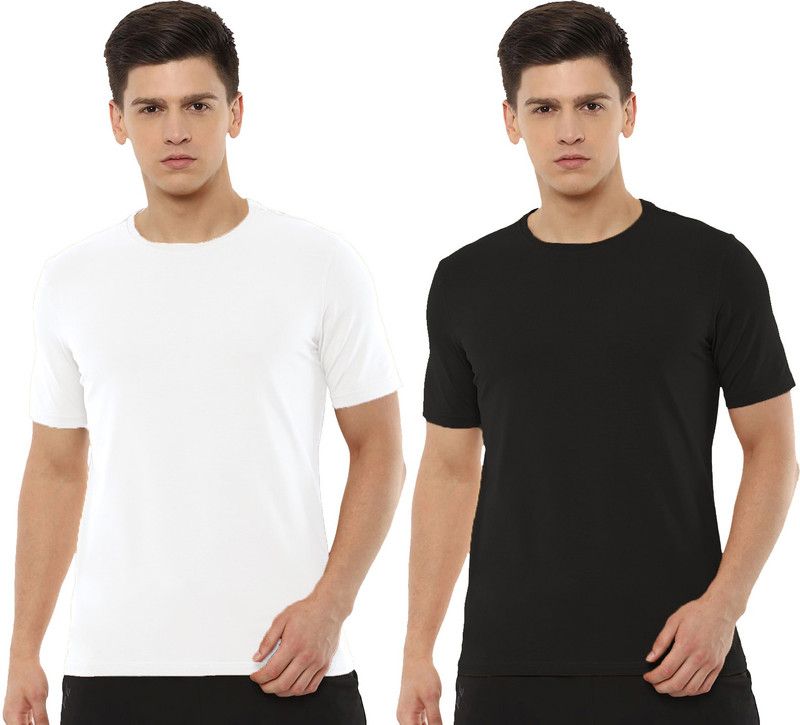Pack of 2 Men Solid Round Neck Poly Cotton White, Black T-Shirt