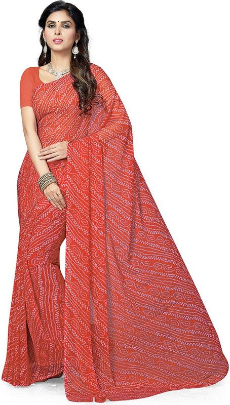 Printed Bandhani Chiffon Saree  (Orange)