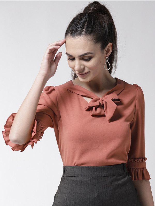 Casual Ruffled Sleeves Solid Women Pink Top