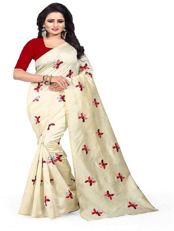 Embroidered Kanjivaram Cotton Blend Saree  (Beige)