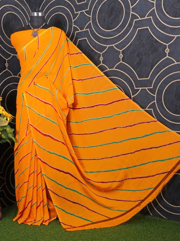 Printed Leheria Georgette Saree  (Yellow)