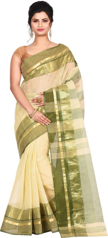 Self Design, Solid/Plain Daily Wear Pure Cotton Saree  (Green, Beige)