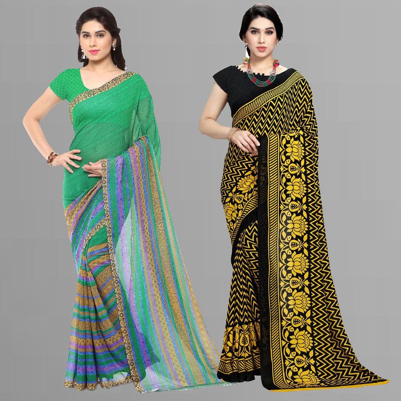 Printed Daily Wear Georgette Saree  (Pack of 2, Green, Black, Yellow)