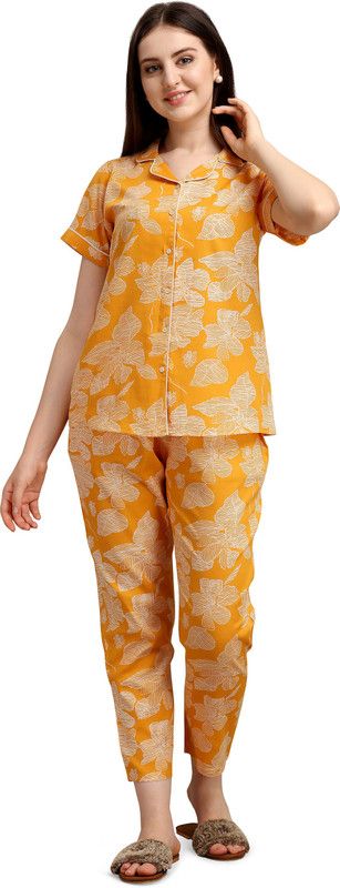 Women Night Suit Set Yellow Floral Print