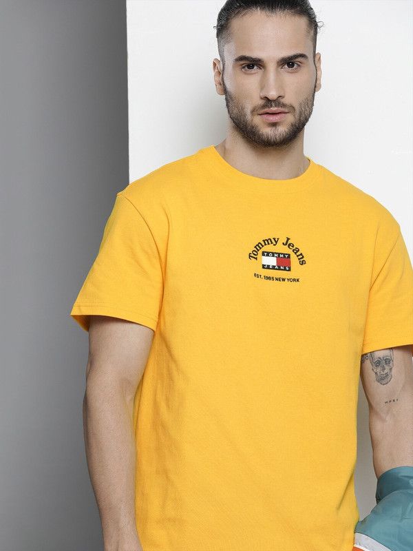 Men Embroidered Round Neck Pure Cotton Yellow T-Shirt