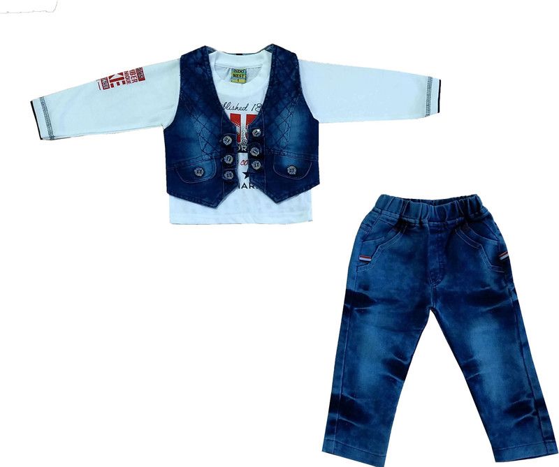 Boys Party(Festive) T-shirt Jeans, Waistcoat  (White)