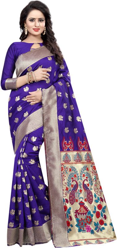 Woven Paithani Silk Blend Saree  (Purple)