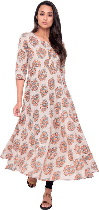 Women Floral Print Cotton Blend Flared Kurta  (Brown)