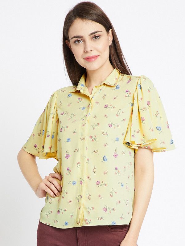 Casual Flared Sleeves Floral Print Women Yellow Top