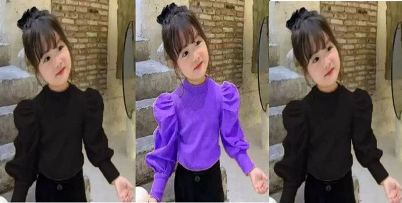 Girls Party Cotton Blend Fashion Sleeve Top  (Black, Pack of 3)