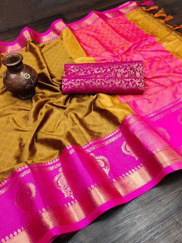 Self Design Kanjivaram Jacquard Saree  (Mustard)
