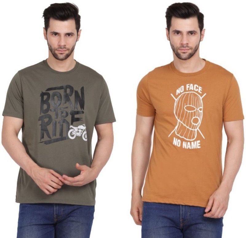 Pack of 2 Men Graphic Print Round Neck Cotton Blend Brown, Grey T-Shirt