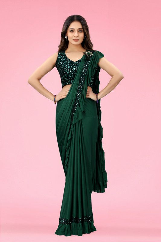 Solid/Plain Madurai Lycra Blend Saree  (Pack of 2, Green)