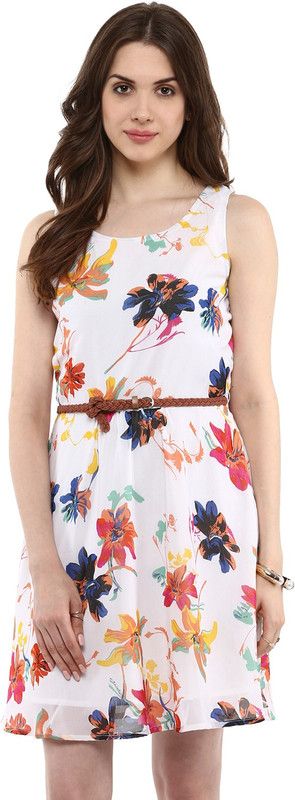 Women Fit and Flare Multicolor, White Dress