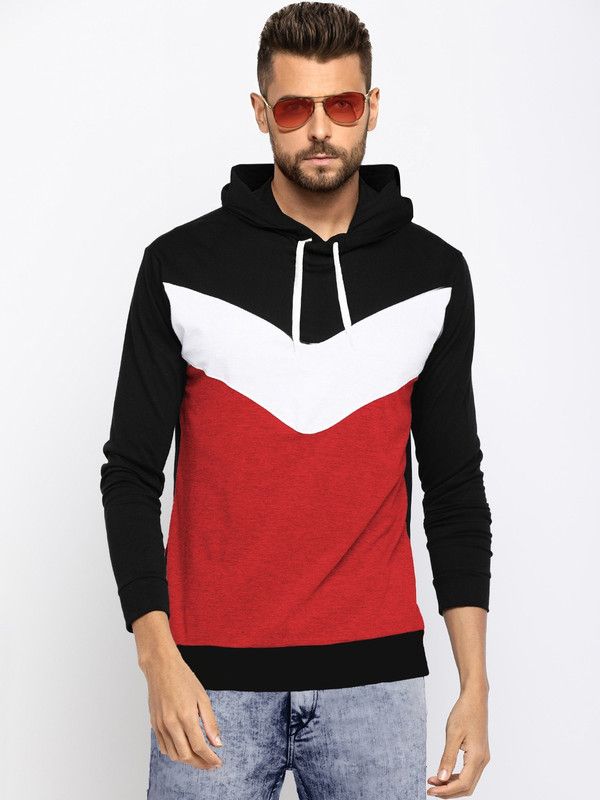Men Colorblock Hooded Neck Pure Cotton Red, White, Black T-Shirt