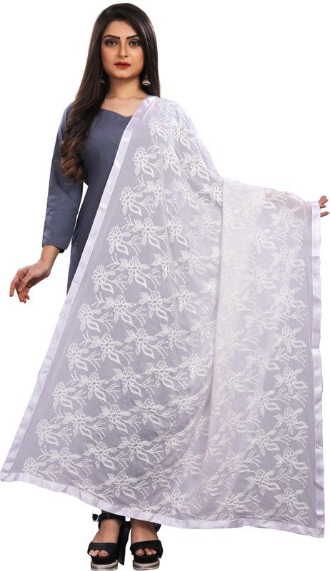 Chiffon Embroidered White Women Dupatta