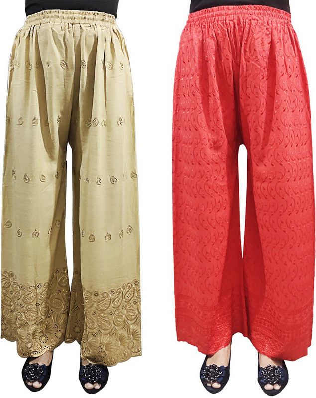 Pack of 2 Women Relaxed Beige, Red Viscose Rayon Trousers