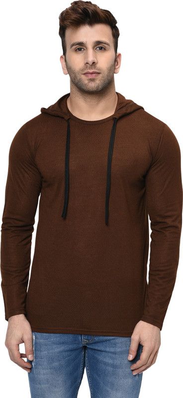 Round Neck Men's Hoodie Men Solid Hooded Neck Cotton Blend Brown T-Shirt