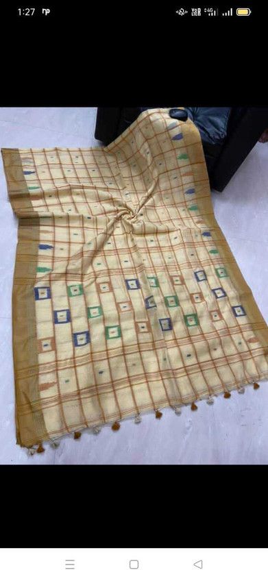 Striped Tant Cotton Silk Saree  (Cream)
