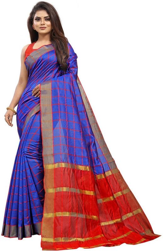 Gadwal Cotton Blend Saree  (Blue, Red)