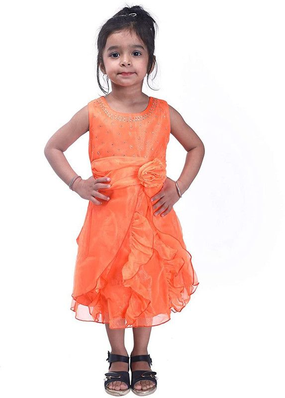 Girls Calf Length Party Dress  (Orange, Sleeveless)
