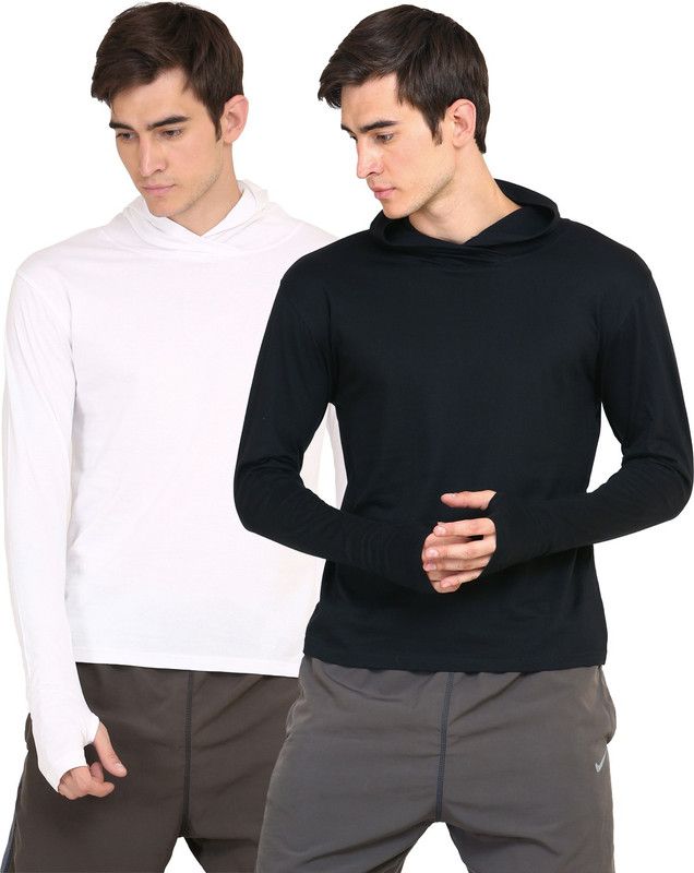 Pack of 2 Men Solid Hooded Neck Pure Cotton Multicolor T-Shirt