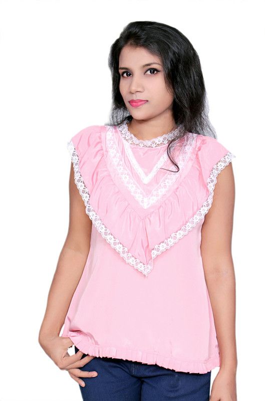 Casual Cap Sleeves Self Design Women Pink Top