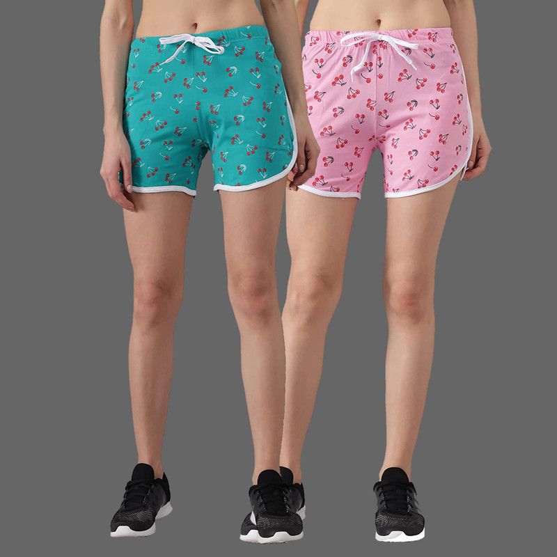 Pack of 2 Printed Women Green, Pink Dolphin Shorts