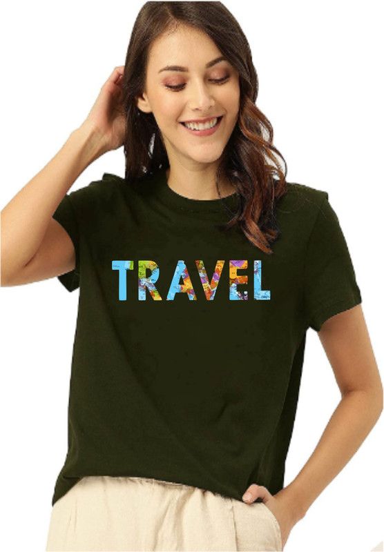 Women Typography Round Neck Pure Cotton Dark Green T-Shirt