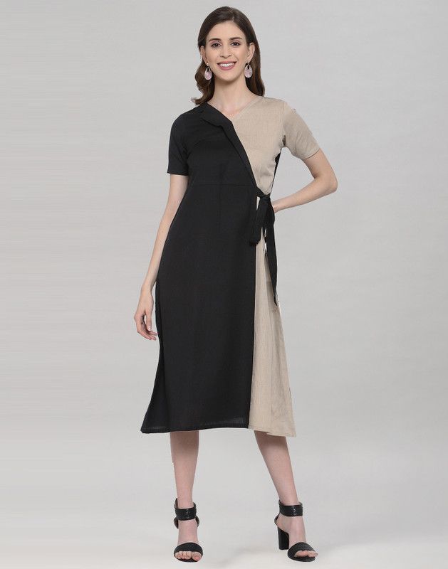 Women Wrap Black, Beige Dress