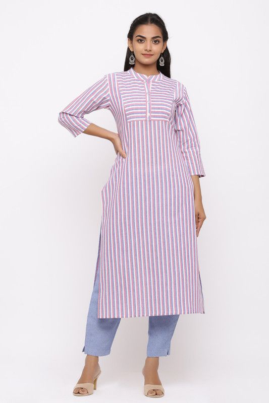 Women Striped Pure Cotton Straight Kurta  (Purple)