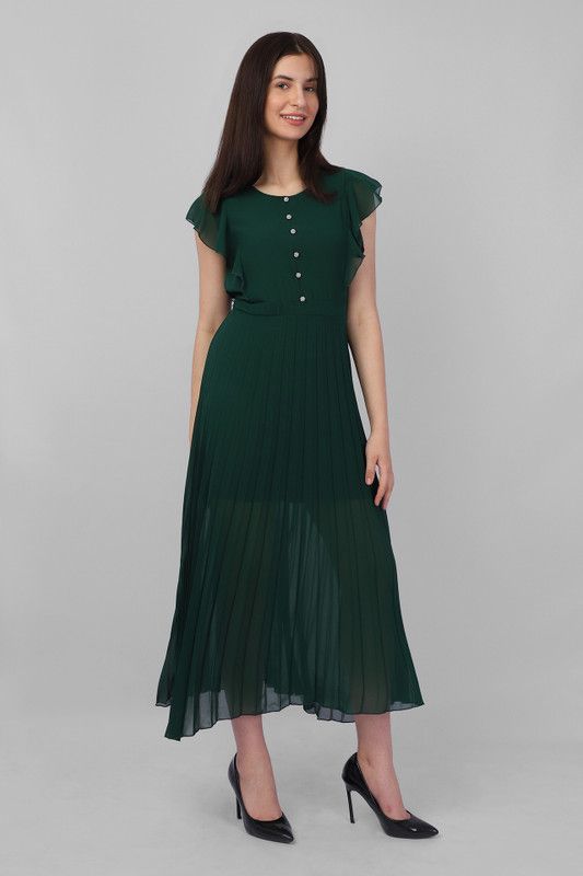 Women Pleated Dark Green Dress