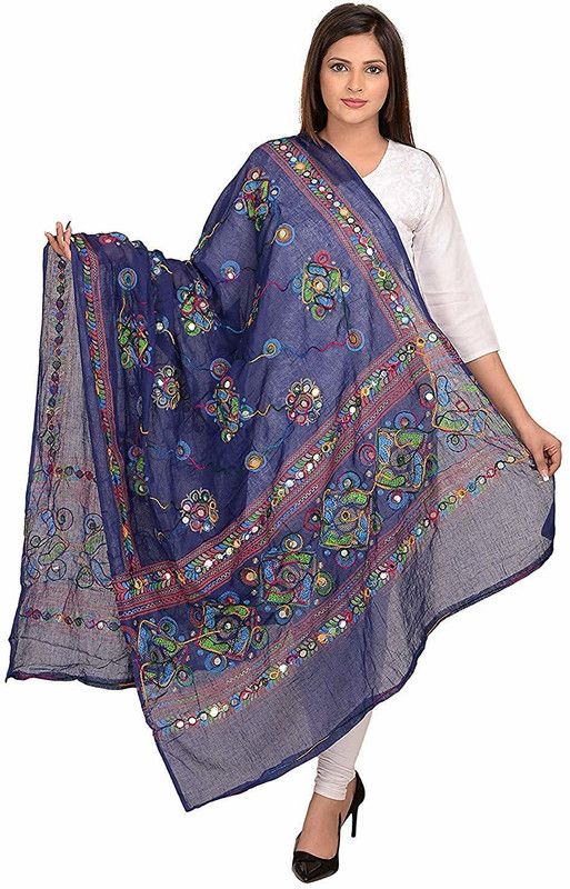 Cotton Blend Embroidered Blue Women Dupatta
