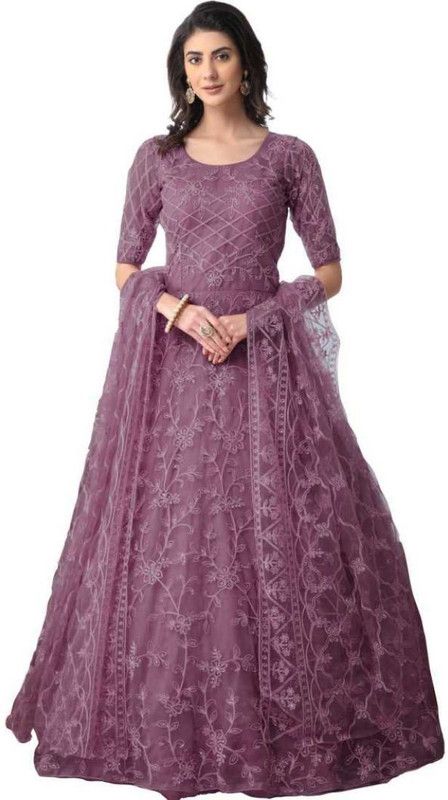 Embroidered Crepe Stitched Flared/A-line Gown  (Purple)