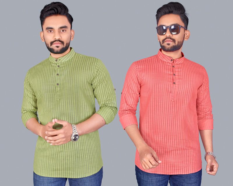 Pack of 2 Men Striped Pure Cotton Straight Kurta  (Green, Pink)