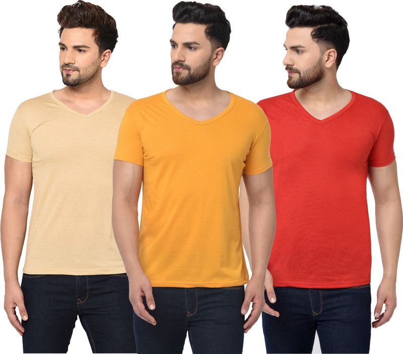 Pack of 3 Men Solid V Neck Cotton Blend Red, Beige, Yellow T-Shirt