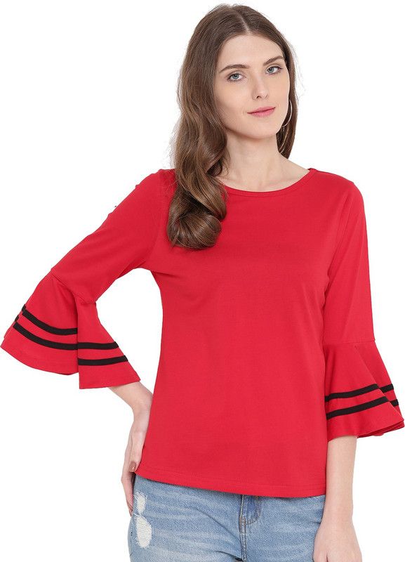 Casual Bell Sleeves Solid Women Red, Black Top